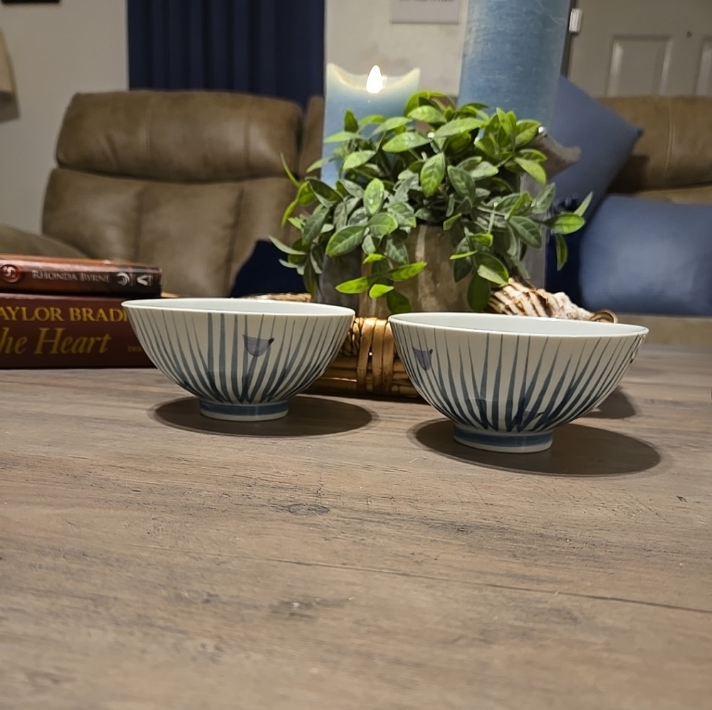 Vintage Japanese Blue and White Striped Bowls